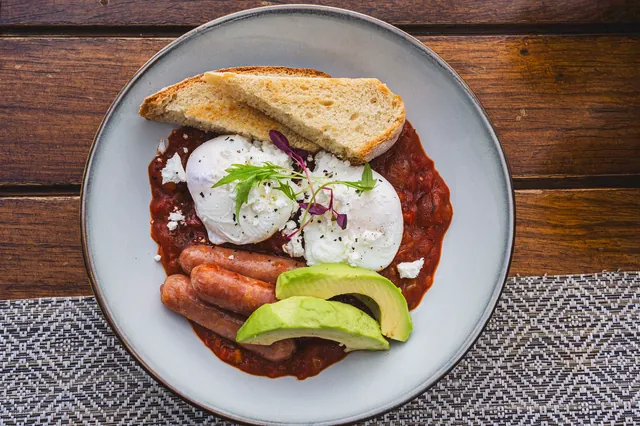 Cooked breakfast photographed from above